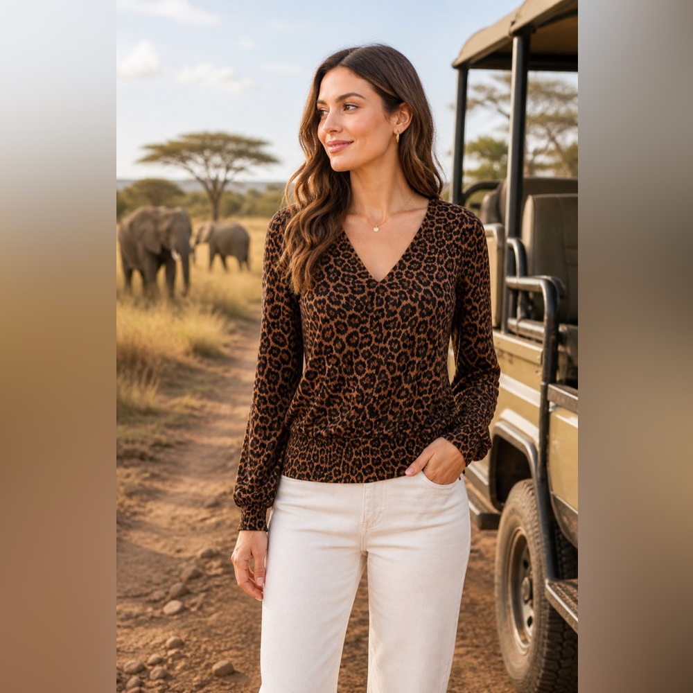 MICHAEL Michael Kors Leopard Print V-Neck Long Sleeve Top - Brown/Black